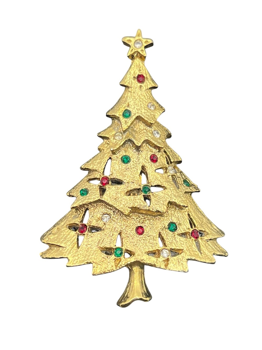 Christmas tree red green clear rhinestone gold tone holiday brooch pin vintage